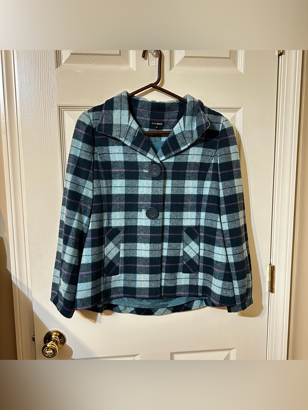 600 West Women's Plaid Button Front Coat - Teal/Navy Blue and  Pink
